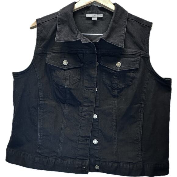Woman Within Black Denim Vest Womens 16W Plus Pockets Button Front Casual Moto - Picture 1 of 7
